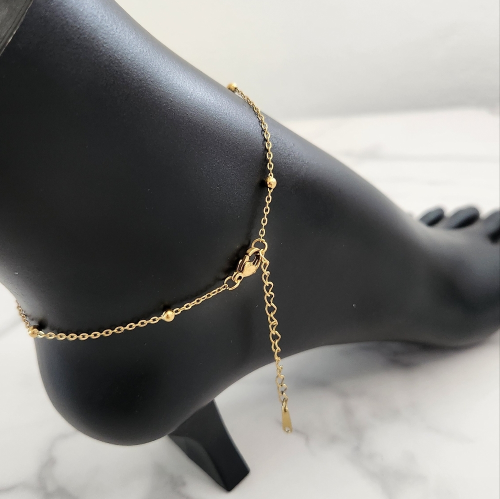 Gold Plated Bow Charm Beaded Chain Adjustable Dainty Anklet - Picture 12 of 12